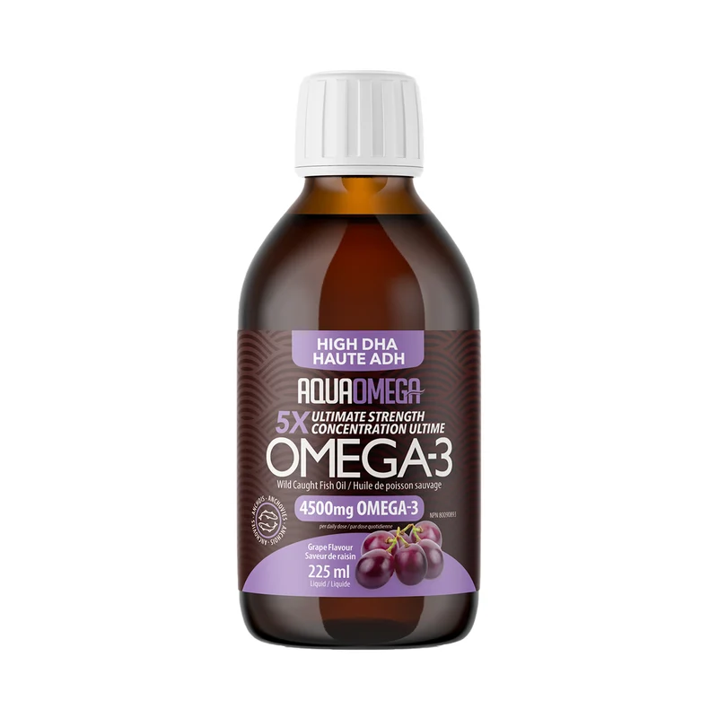 AquaOmega - Omega 3 High DHA Wild Caught Fish Oil, Grape Flavour | 225 mL