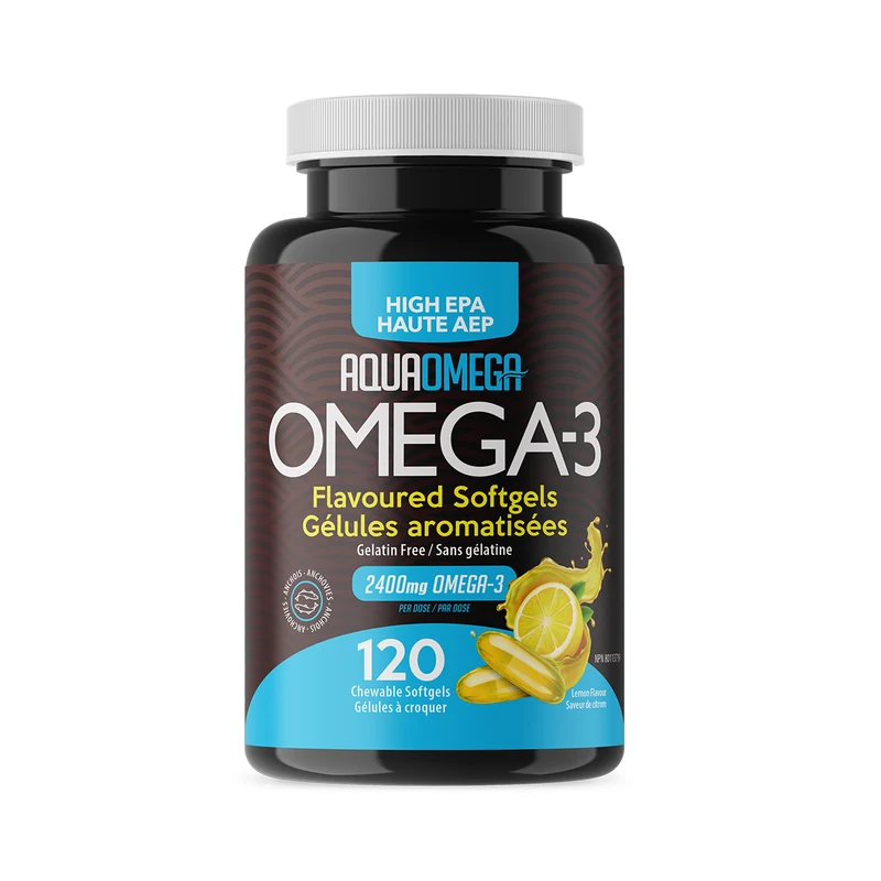 AquaOmega Omega - High EPA Wild Caught Fish Oil Chewables, Lemon Flavour | 120 Softgels