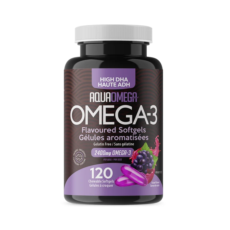 AquaOmega - High DHA Wild Caught Fish Oil , Grape Flavour | 120 Chewable Softgels