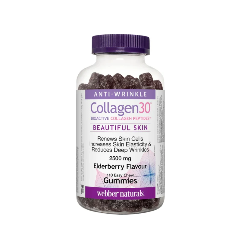 Webber Naturals - Collagen30 Beautiful Skin Supplement 2500 mg, Elderberry Flavour | 110 Gummies