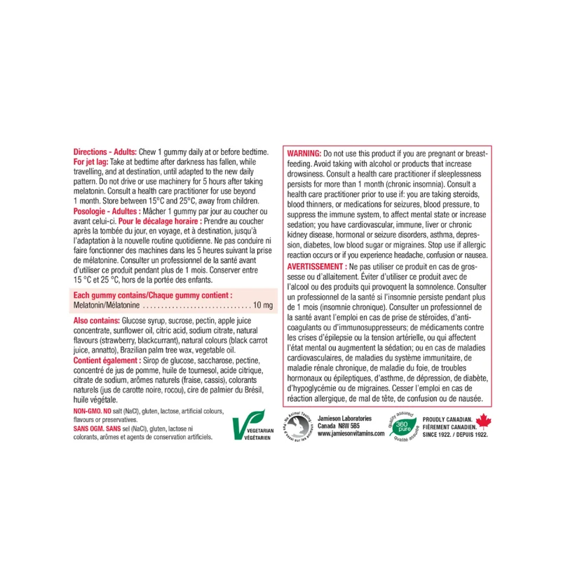 Jamieson - Melatonin Gummies 10 mg - Natural Strawberry Flavour | 45 Veg Gummies