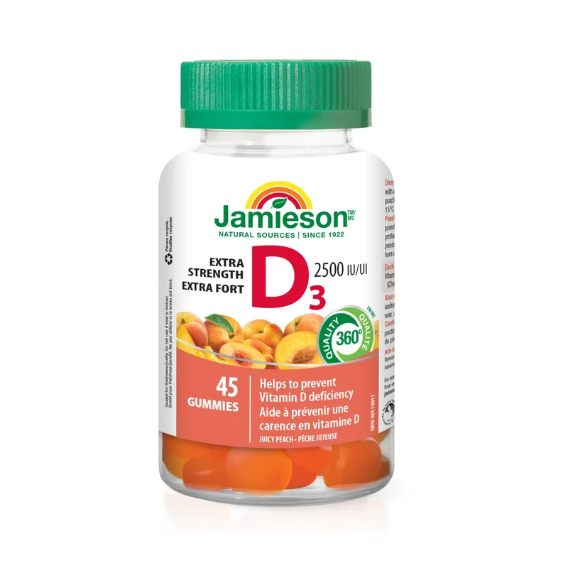 Jamieson - Extra Strength D3 Gummies 2500 IU - Juicy Peach Flavour | 45 All Natural gummies