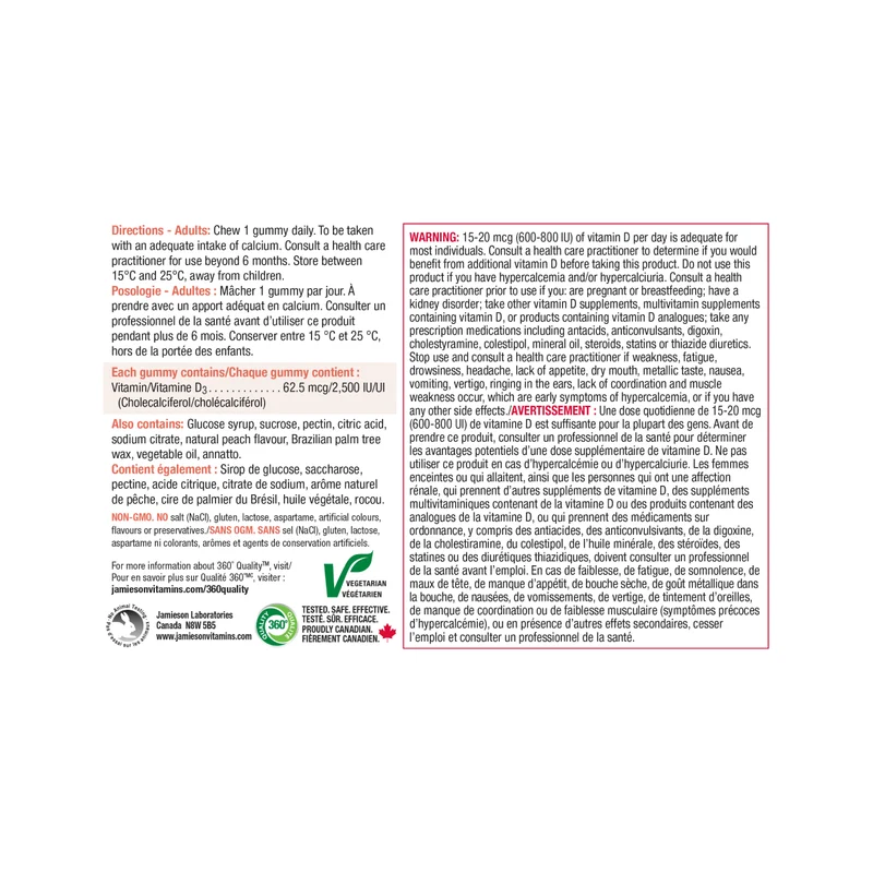Jamieson - Extra Strength D3 Gummies 2500 IU - Juicy Peach Flavour | 45 All Natural gummies