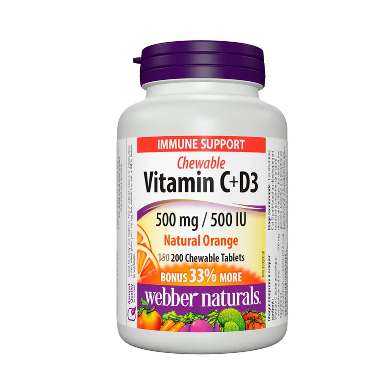 Webber Naturals - Chewable Vitamin C+D3 500 mg / 500 UI, Natural Orange | 200 Tablets
