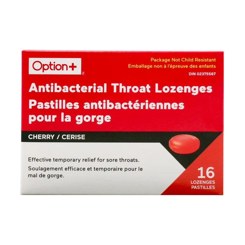 Option+ Antibacterial Throat Lozenges, Cherry | 16 Lozenges
