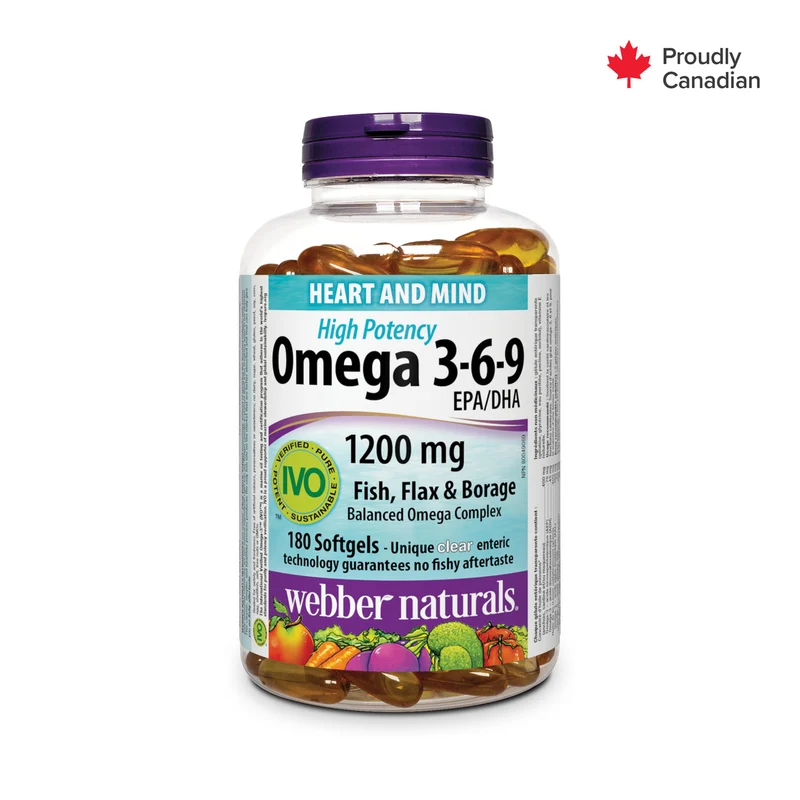 Webber Naturals - Omega 3-6-9 High Potency 1200 mg | 180 Clear Enteric Softgels