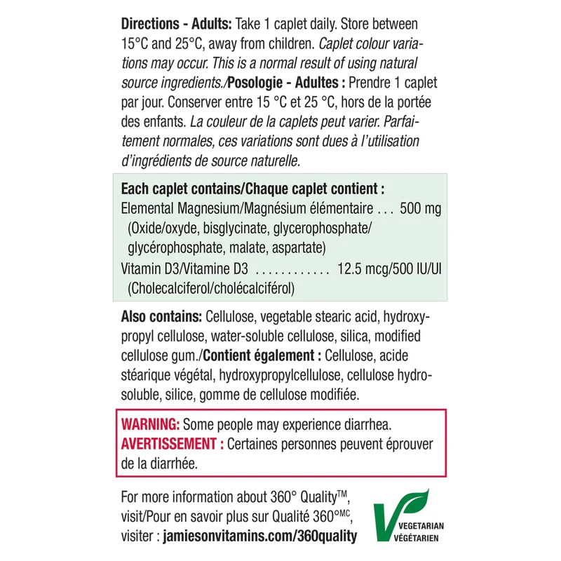 Jamieson - High Potency Magnesium 500 mg + D3 500 IU | 60 Caplets