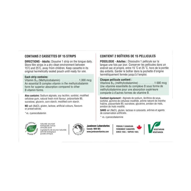 Jamieson - B12 Fast Dissolving Strips, 1000 mcg | 2 x 15 Strips