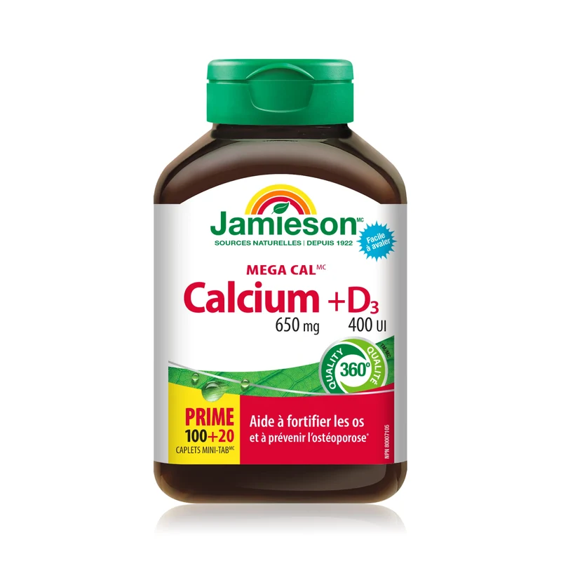 Jamieson - Mega Cal Calcium + D3 650 mg & 400 IU | 100 + 20 Mini-Tab Caplets