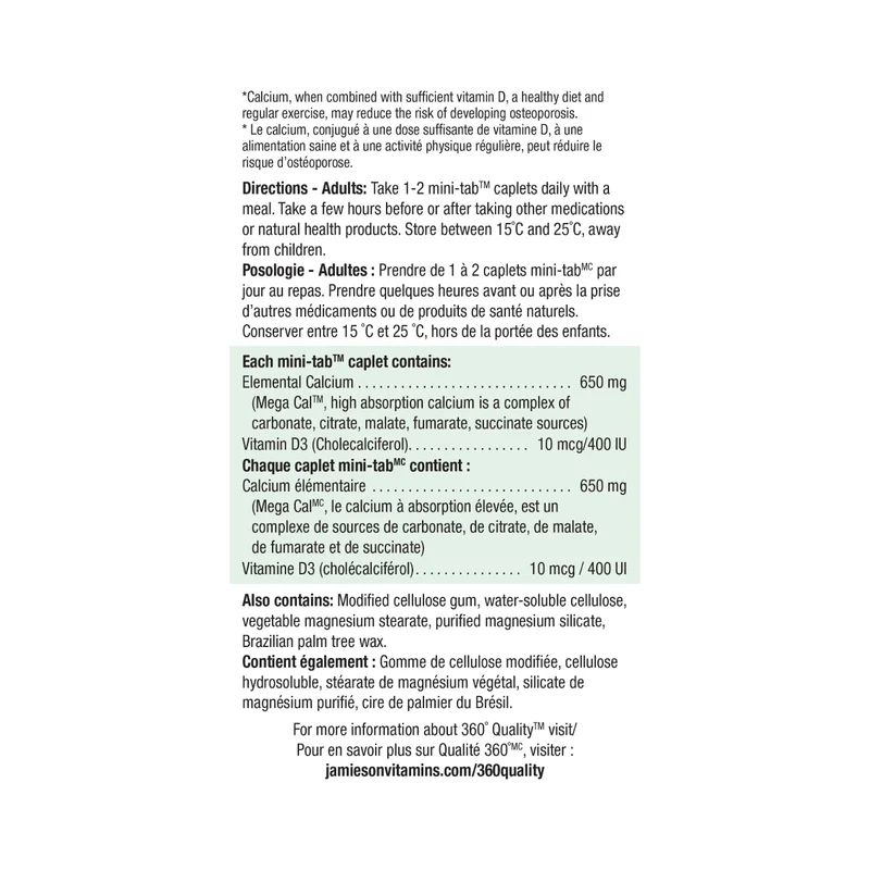 Jamieson - Mega Cal Calcium + D3 650 mg & 400 IU | 100 + 20 Mini-Tab Caplets