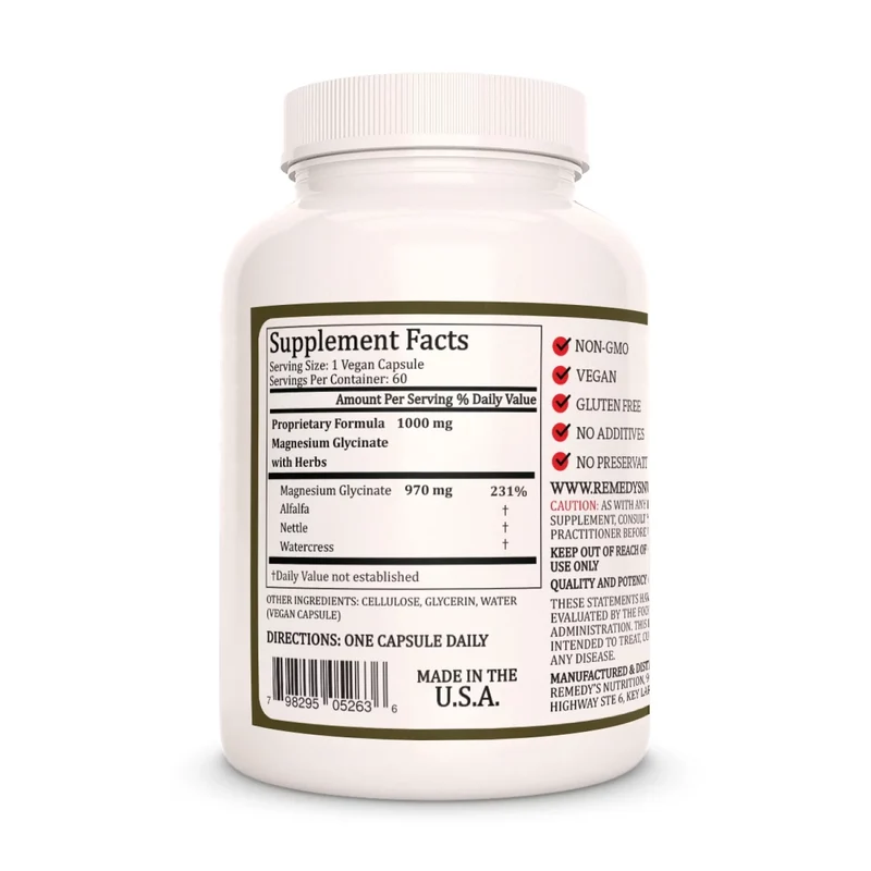 Glycinate de magnésium avec mélange d'herbes 1000 mg 60 capsules végétaliennes