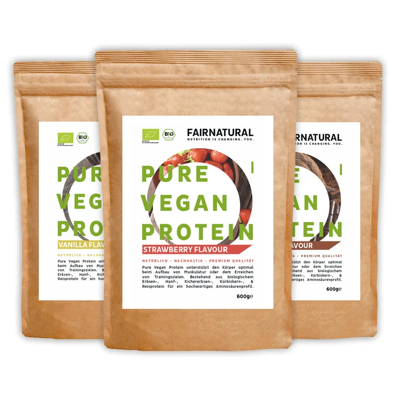 Bio Veganes Proteinpulver 3er-Bundle (Vanille, Schoko, Erdbeere)