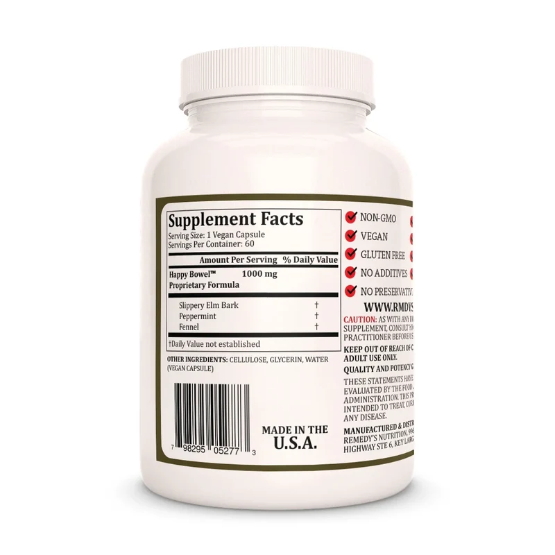 Happy Bowel™ | Formule pour le syndrome du côlon irritable | Vitamines pour le syndrome du côlon irritable 1000 mg, 60 capsules végétaliennes