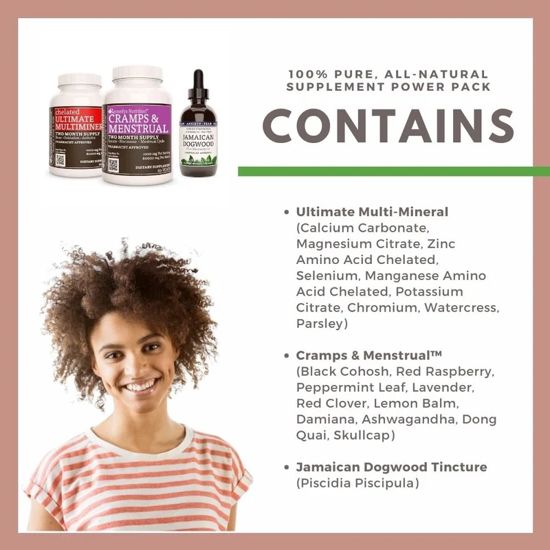 Pack d'alimentation pour les crampes et le syndrome prémenstruel™ : trois flacons de capsules et de teinture