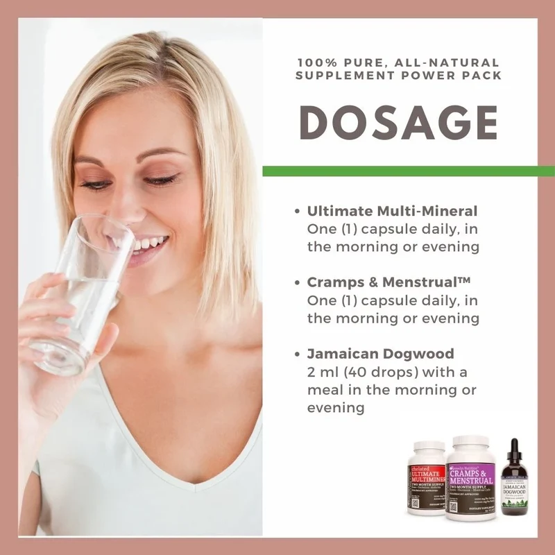 Pack d'alimentation pour les crampes et le syndrome prémenstruel™ : trois flacons de capsules et de teinture