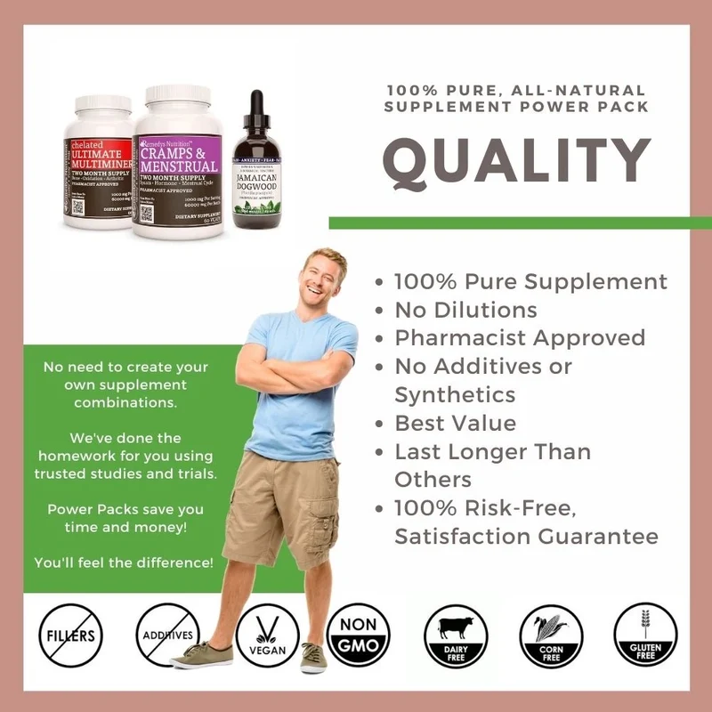 Pack d'alimentation pour les crampes et le syndrome prémenstruel™ : trois flacons de capsules et de teinture