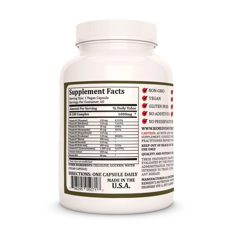 Complexe de vitamine B-100 1000 mg, 60 capsules végétaliennes