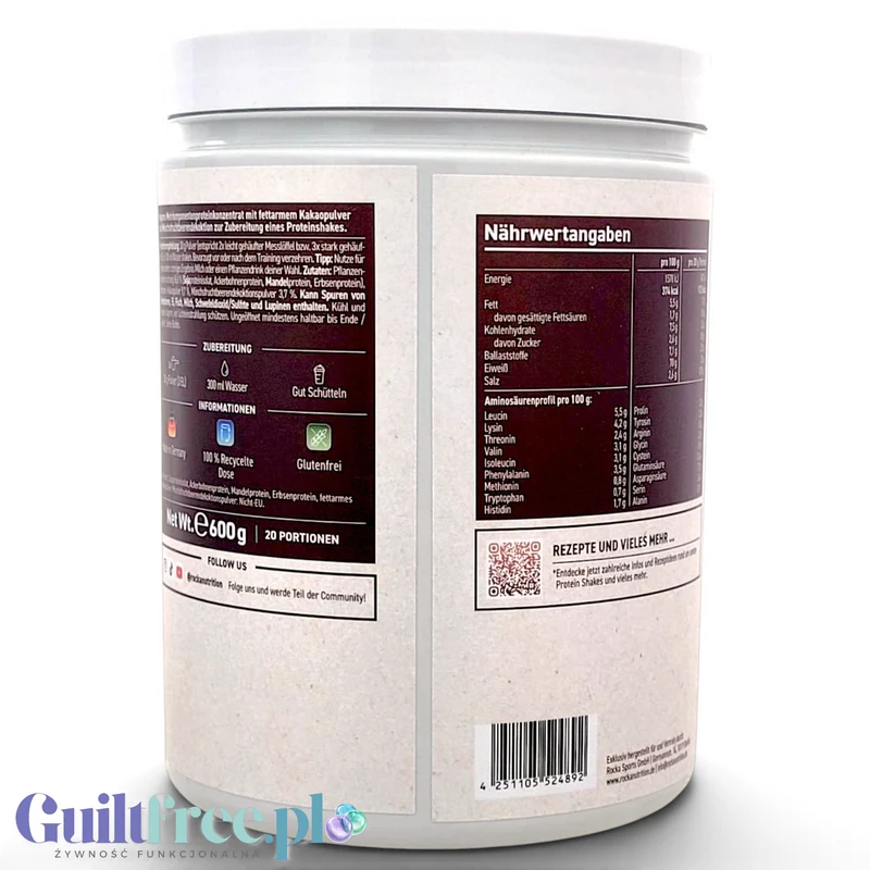 Rocka Nutrition Natural Protein Classic Kakao 600g - wegańska odżywka białkowa ULTRA prosty skład unikat