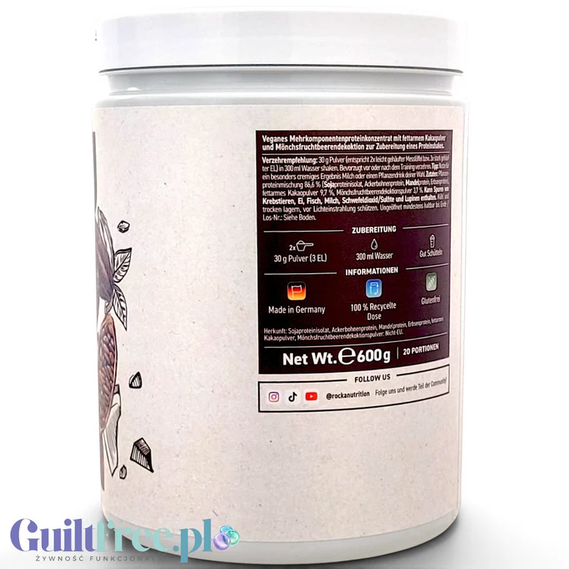 Rocka Nutrition Natural Protein Classic Kakao 600g - wegańska odżywka białkowa ULTRA prosty skład unikat