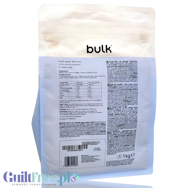 Bulk Pure Whey Protein Unflavoured 1kg - naturalna bezsmakowa odżywka białkowa bez cukru i słodzików