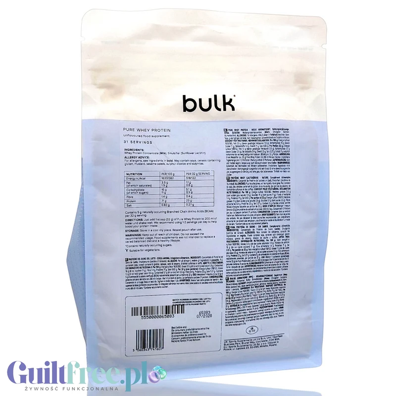 Bulk Pure Whey Protein Unflavoured 500g - naturalna bezsmakowa odżywka białkowa bez cukru i słodzików