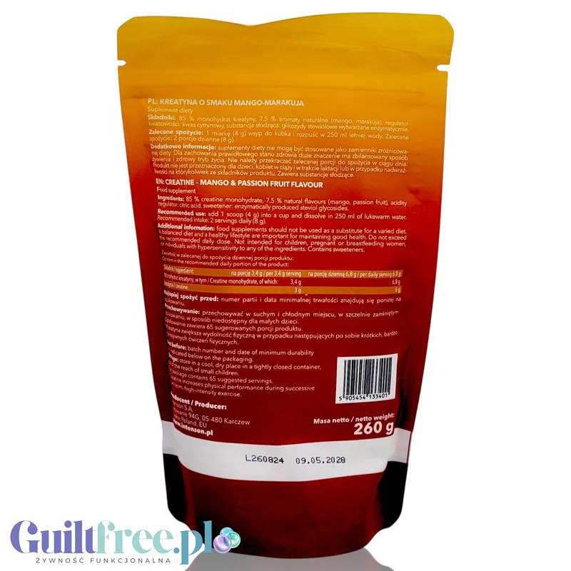 Intenson Kreatyna Monohydrat Mango & Marakuja 260g - monohydrat kreatyny smakowy ze stewią