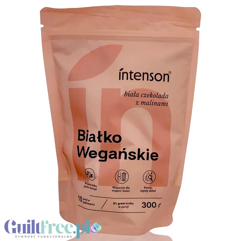 Intenson Białko wegańskie Biała Czekolada & Maliny 300g - naturalna odżywka białkowa ze stewią, bez mleka, soi i glutenu