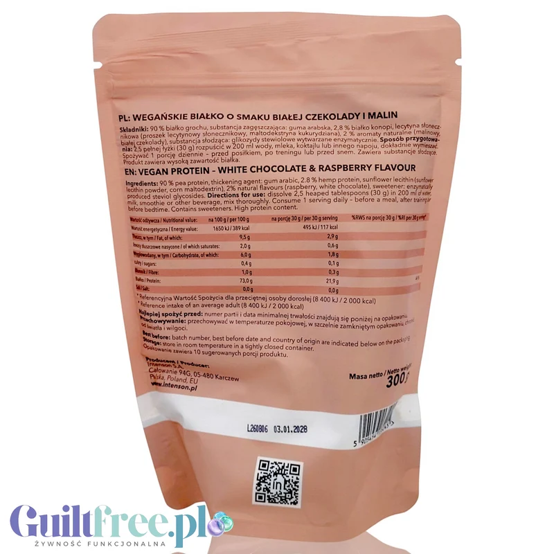 Intenson Białko wegańskie Biała Czekolada & Maliny 300g - naturalna odżywka białkowa ze stewią, bez mleka, soi i glutenu