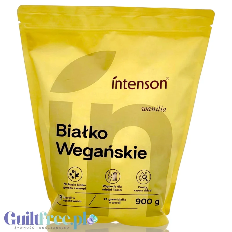 Intenson Białko wegańskie Wanilia 900g - roślinna odzywka białkowa słodzona tylko stewią z naturalnym aromatem