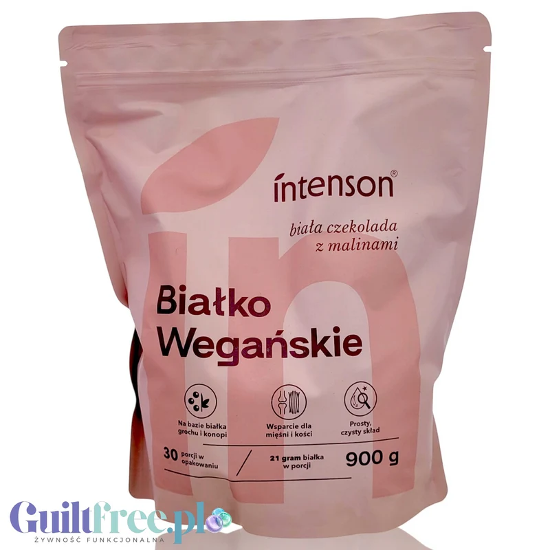Intenson Białko wegańskie Biała Czekolada & Maliny 900g - naturalna odżywka białkowa ze stewią, bez mleka, soi i glutenu