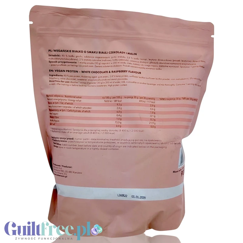Intenson Białko wegańskie Biała Czekolada & Maliny 900g - naturalna odżywka białkowa ze stewią, bez mleka, soi i glutenu