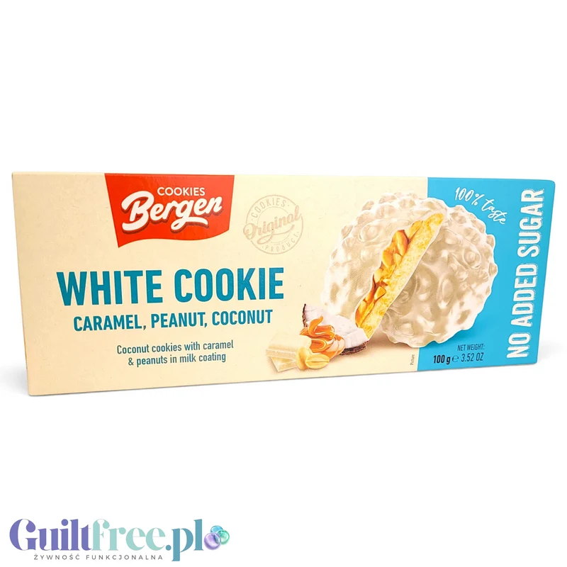 Bergen White Cookie Caramel, Peanut & Coconut - kruche ciasteczka bez cukru z karmelem, orzechami i kokosem z białą polewą