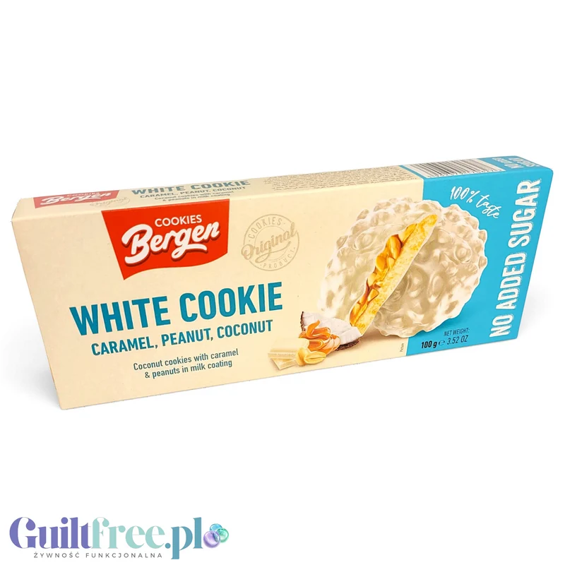 Bergen White Cookie Caramel, Peanut & Coconut - kruche ciasteczka bez cukru z karmelem, orzechami i kokosem z białą polewą