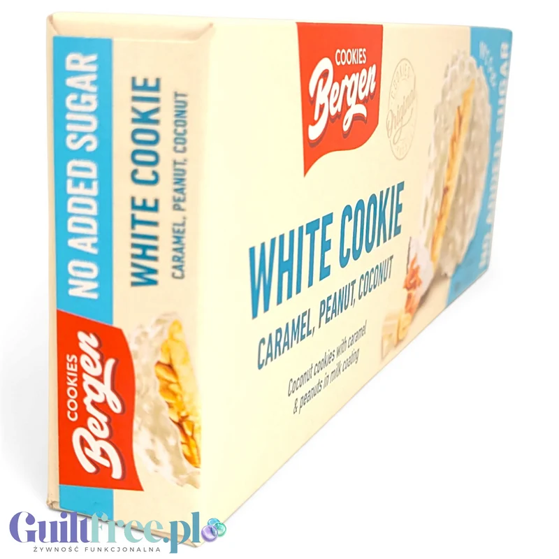 Bergen White Cookie Caramel, Peanut & Coconut - kruche ciasteczka bez cukru z karmelem, orzechami i kokosem z białą polewą