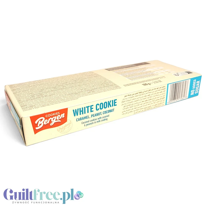 Bergen White Cookie Caramel, Peanut & Coconut - kruche ciasteczka bez cukru z karmelem, orzechami i kokosem z białą polewą