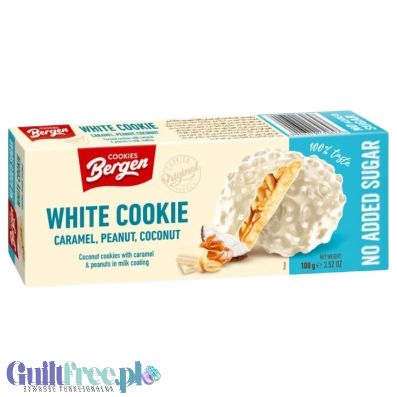 Bergen White Cookie Caramel, Peanut & Coconut - kruche ciasteczka bez cukru z karmelem, orzechami i kokosem z białą polewą