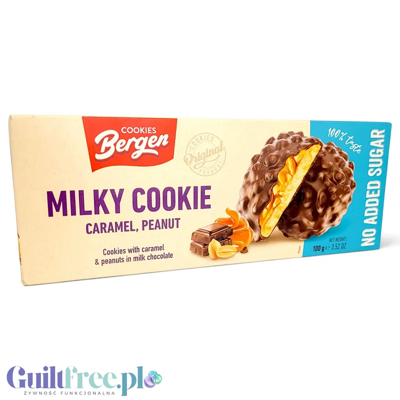 Bergen Milky Cookie Caramel & Peanut - warstwowe chrupiące ciastka w polewie bez cukru