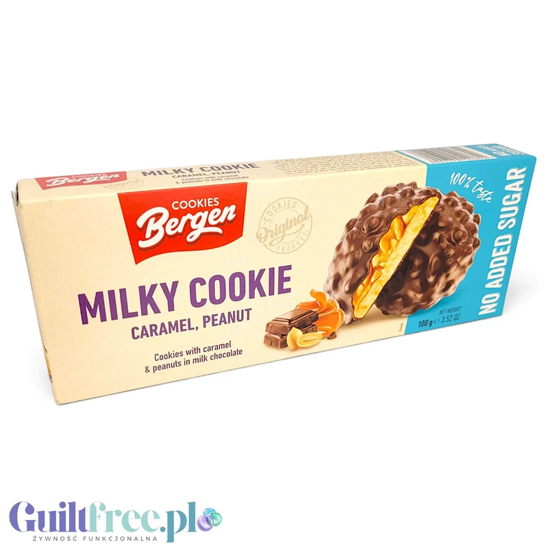 Bergen Milky Cookie Caramel & Peanut - warstwowe chrupiące ciastka w polewie bez cukru
