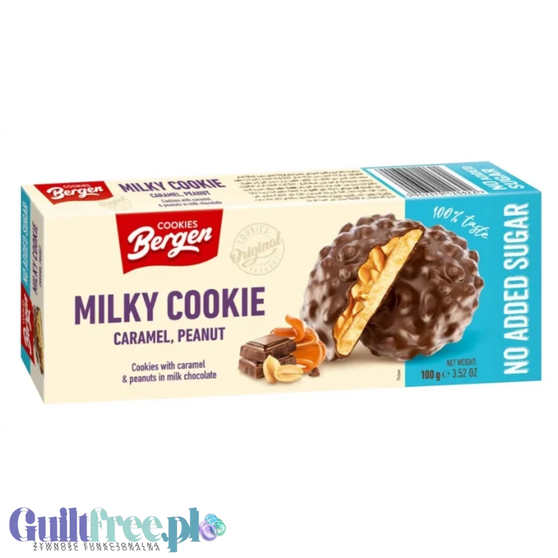 Bergen Milky Cookie Caramel & Peanut - warstwowe chrupiące ciastka w polewie bez cukru