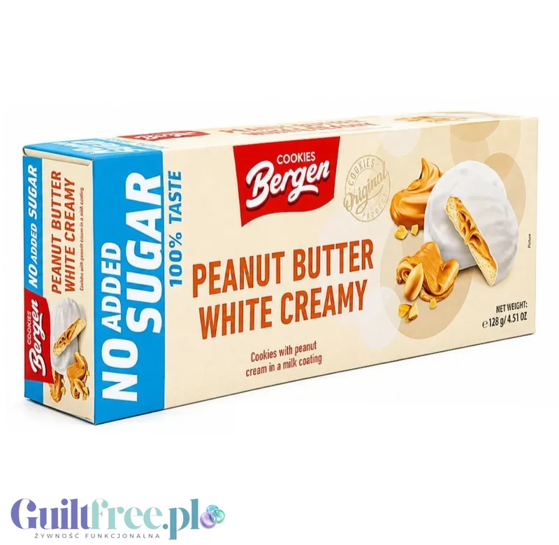 Bergen Peanut Butter White Creamy Cookies ciastka orzechowo-karmelowe w białej polewie bez cukru