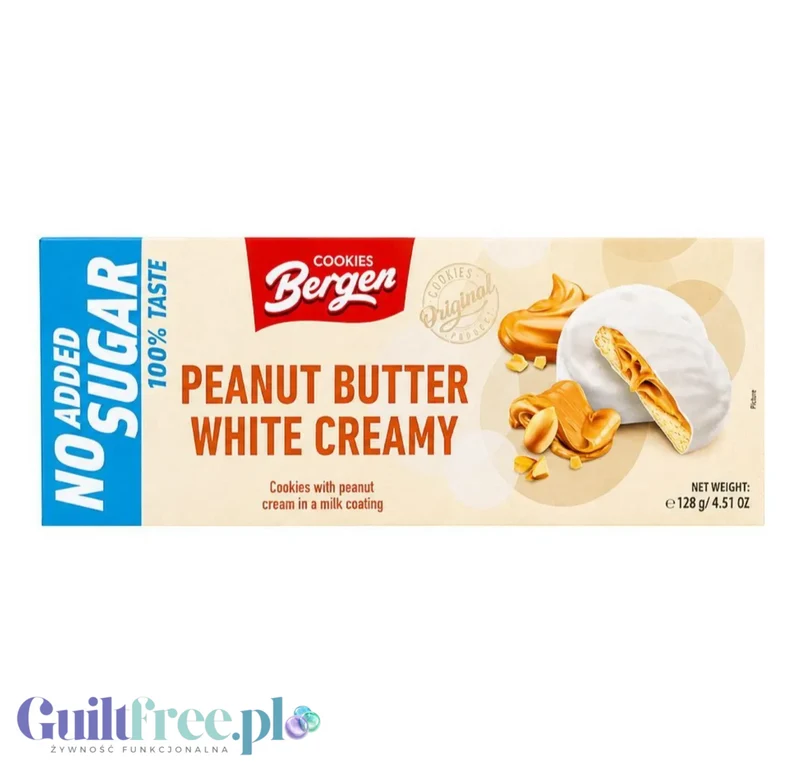 Bergen Peanut Butter White Creamy Cookies ciastka orzechowo-karmelowe w białej polewie bez cukru