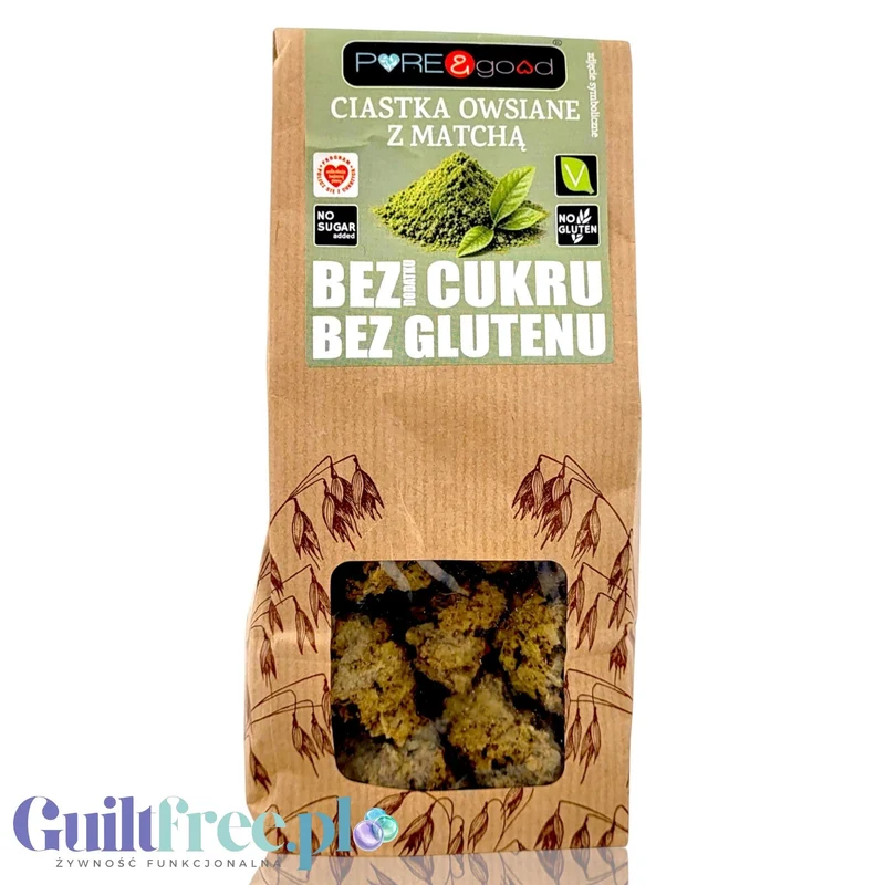 Pure & Good Ciastka Owsiane z Matchą - bezglutenowe ciastka owsiane bez dodatku cukru z erytrolem