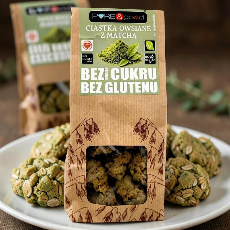 Pure & Good Ciastka Owsiane z Matchą - bezglutenowe ciastka owsiane bez dodatku cukru z erytrolem
