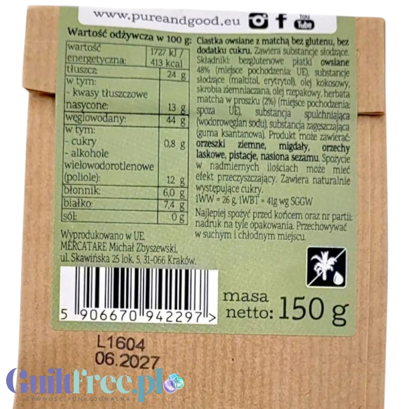 Pure & Good Ciastka Owsiane z Matchą - bezglutenowe ciastka owsiane bez dodatku cukru z erytrolem