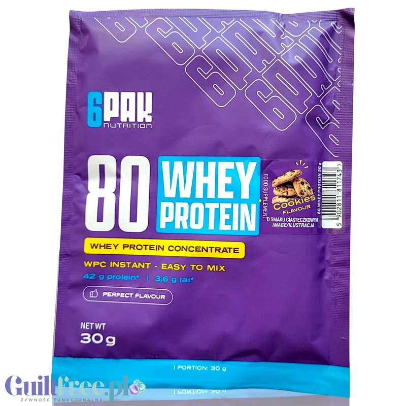 6Pak Nutrition Whey 80 Cookies - koncentrat białka serwatkowego, saszetka, smak ciasteczka z czekoladą