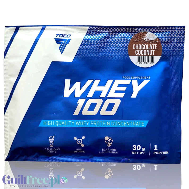 Trec Nutrition Whey 100 Chocolate Coconut - koncentrat białka serwatkowego, saszetka, smak czekoladowo-kokosowy