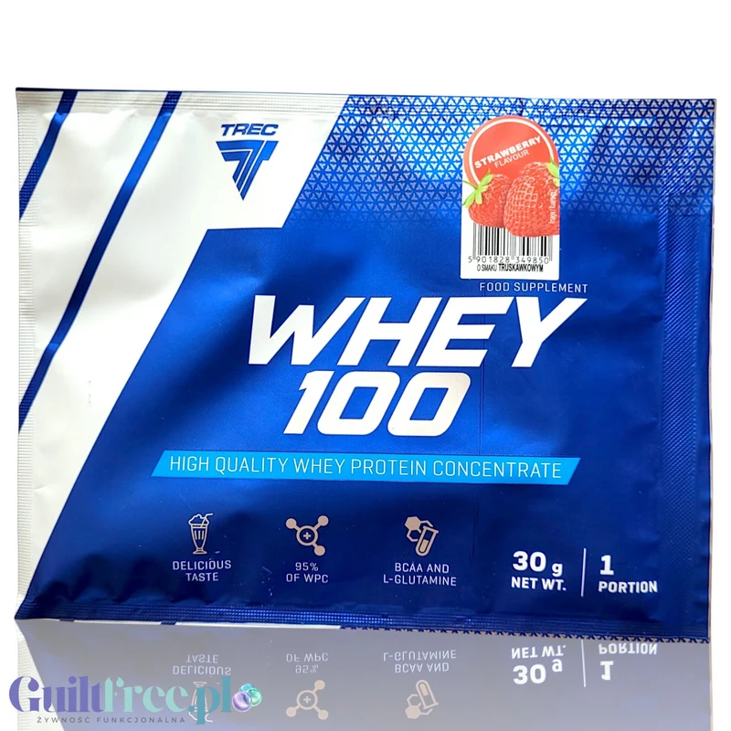 Trec Nutrition Whey 100 Strawberry - koncentrat białka serwatkowego, saszetka, smak truskawkowy