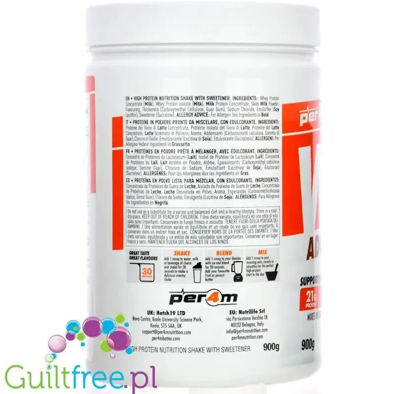 Per4m Whey Advanced Protein White Chocolate Hazelnut 900g - gęsta odżywka białkowa WPC, WPI & MPC, Biała Czeko & Orzechy laskowe