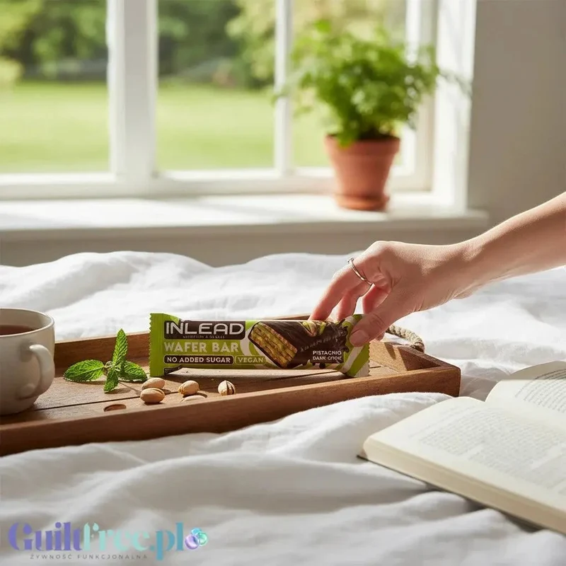 Inlead Wafer Bar Pistachio Dark Choc - wegański wafelek z kremem pistacjowym w polewie czekoladowej bez dodatku cukru