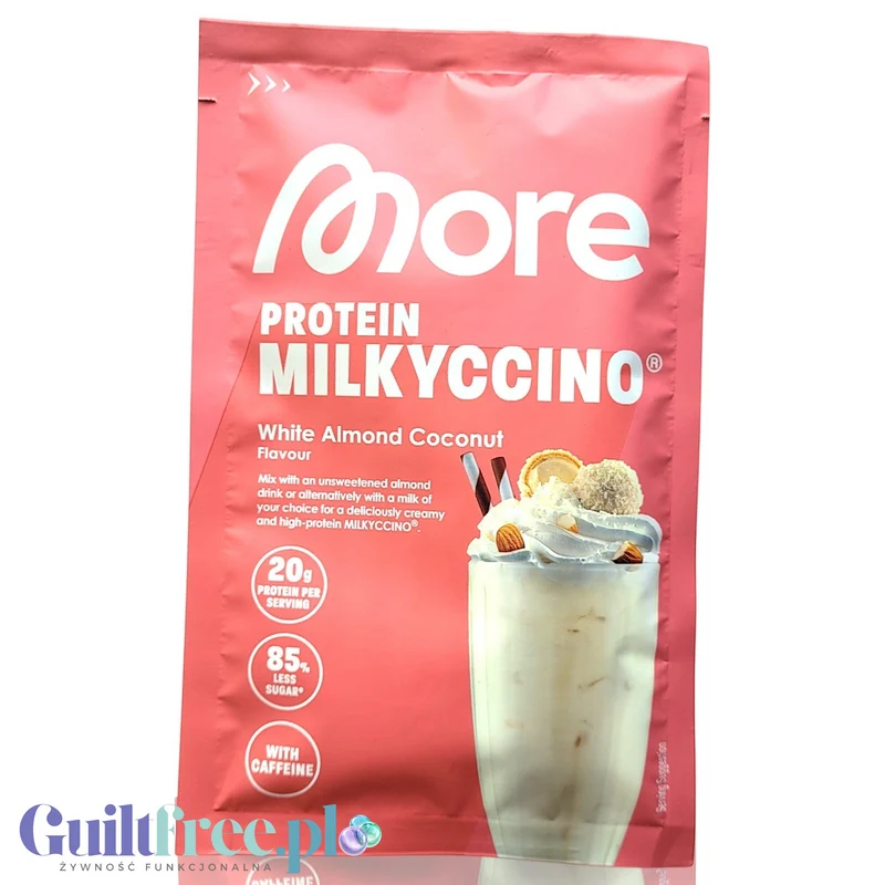 More Nutrition Protein Milkyccino White Almond Coconut, saszetka 25g - gęsta odżywka białkowa migdałowo-kokosowa z kofeiną